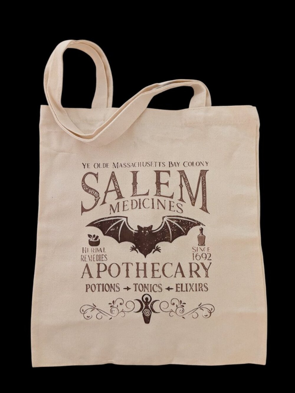 TOTE BAG FEATURING IMAGES OF BAT, POTION BOTTLES + 17TH CENTURY TYPEFACES